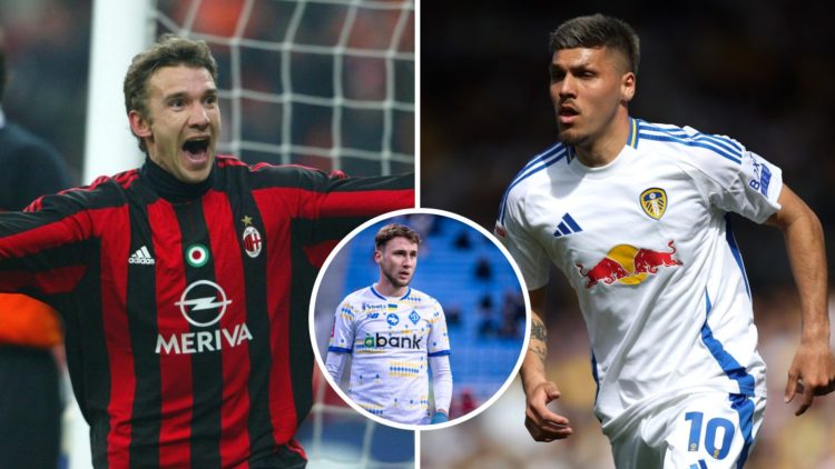 Split image showing Ukraine legend Andriy Shevchenko, Leeds United striker Joel Piroe Vladyslav, and Dynamo Kyiv's Vanat