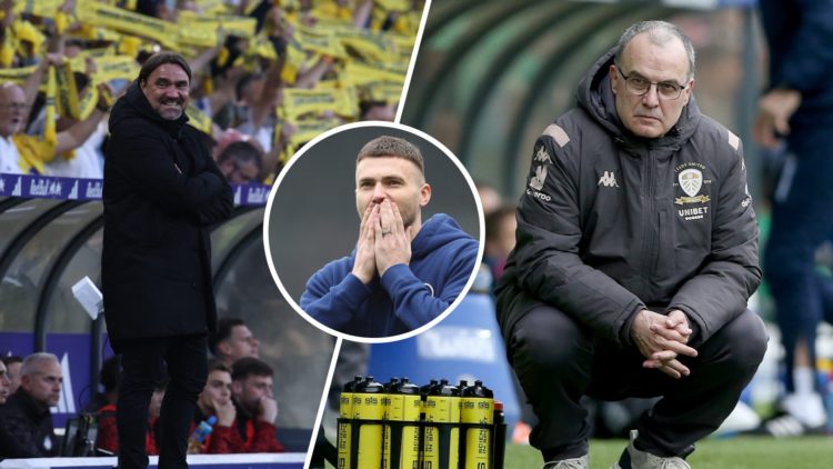 Split image of Daniel Farke, Leeds United manager and Marcelo Bielsa as Leeds manager in 2020. Inset, former Leeds player Stuart Dallas.n