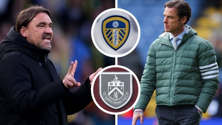 Split image of Leeds United manager Daniel Farke and Burnley manager Scott Parker. Inset, Leeds badge. Inset, Burnley badge.