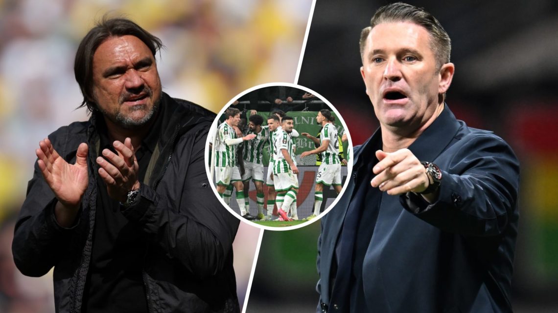Split image showing Leeds United coach Daniel Farke, Ferencvaros manager Robbie Keane, and Ferencvaros players celebrating