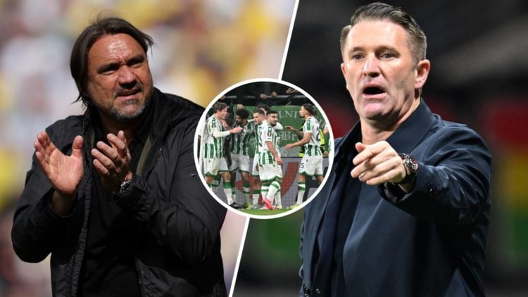 Split image showing Leeds United coach Daniel Farke, Ferencvaros manager Robbie Keane, and Ferencvaros players celebrating