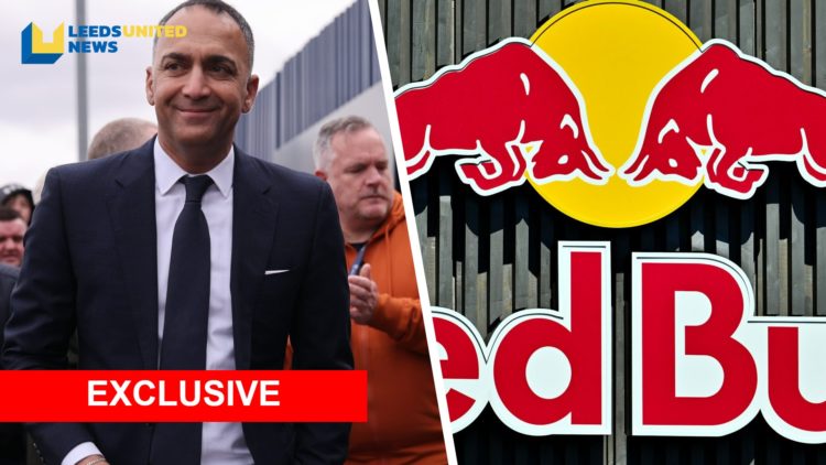 Split image of Leeds United chairman and 49ers president Paraag Marathe and an image of the Red Bull logo.