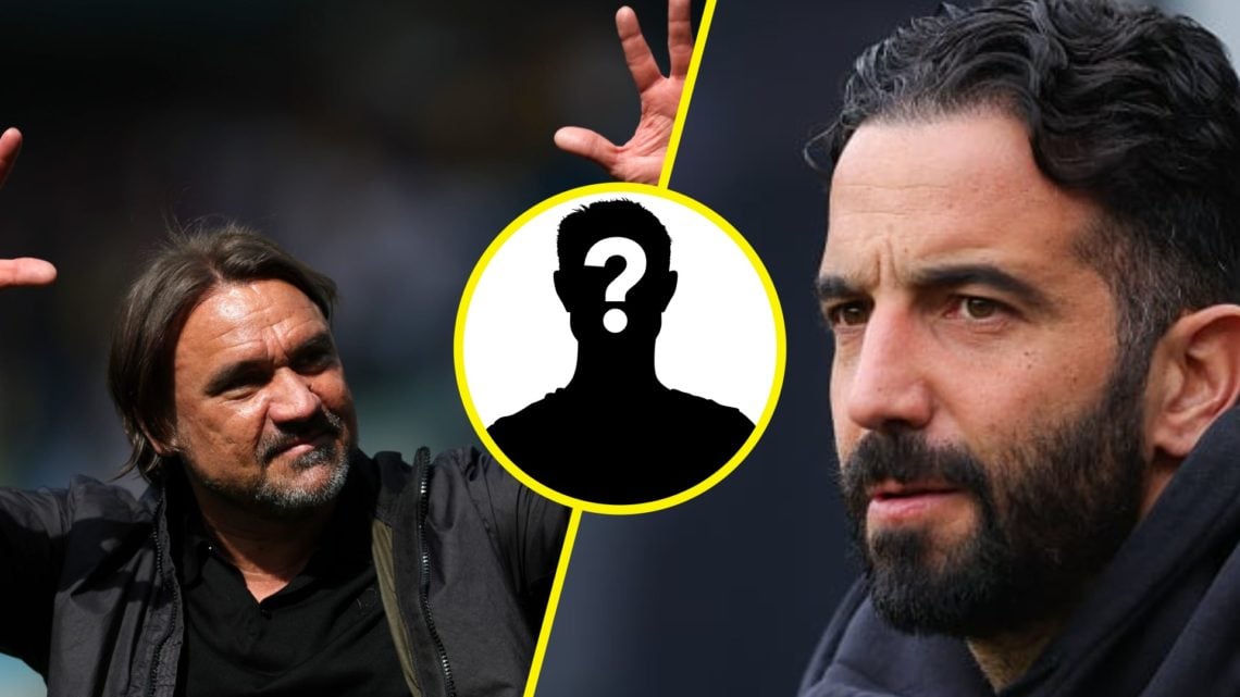Split image of Daniel Farke, manager of Leeds United and Ruben Amorim, manager of Manchester United. Inset, LUN Mystery player icon.