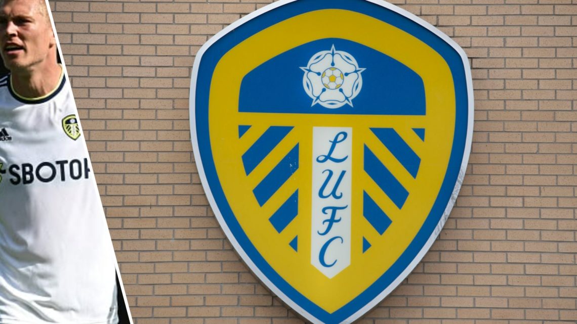Split image of former Leeds United player Rasmus Kristensen and the Leeds United club crest.