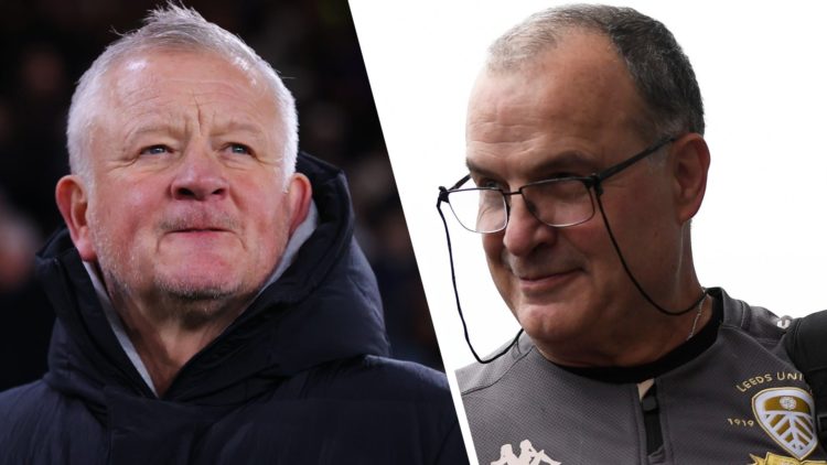 Split image of Chris Wilder, manager of Sheffield United and Marcelo Bielsa as Leeds United manager in 2019.