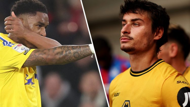 Split image of Leeds United's Junior Firpo and Wolves' Hugo Bueno
