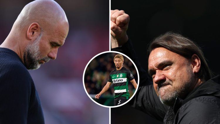 Split image showing Man City manager Pep Guardiola, Leeds coach Daniel Farke, and Sporting Lisbon's Hidemasa Morita