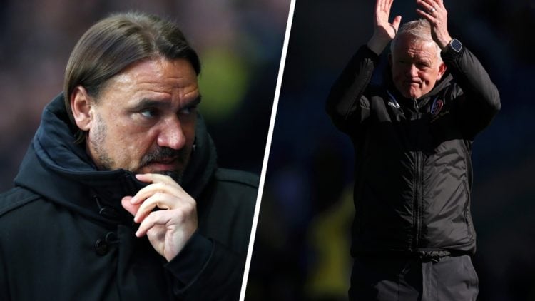 Leeds United manager Daniel Farke walking (L). Sheffield United manager Chris Wilder clapping (R).