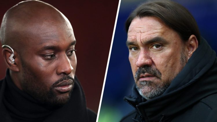 Split image of former West Ham striker Carlton Cole as a pundit in 2019 and Daniel Farke, Leeds United manager