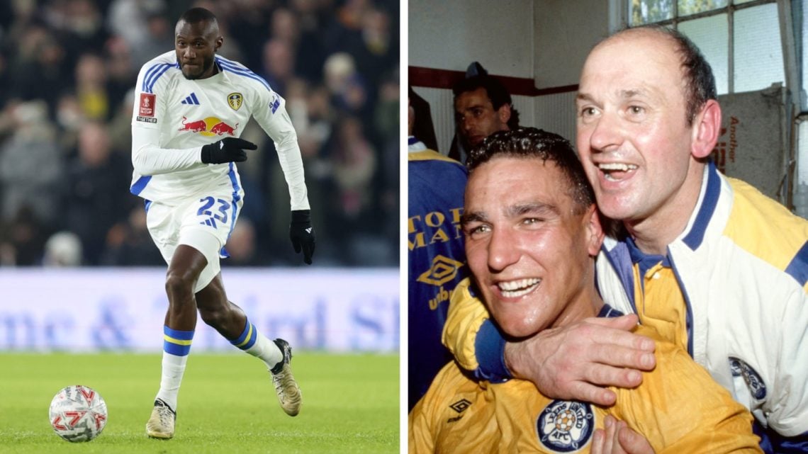 Split image of Josuha Guilavogui playing for Leeds United in 2024 and Vinnie Jones after Leeds had gained promotion in 1990.