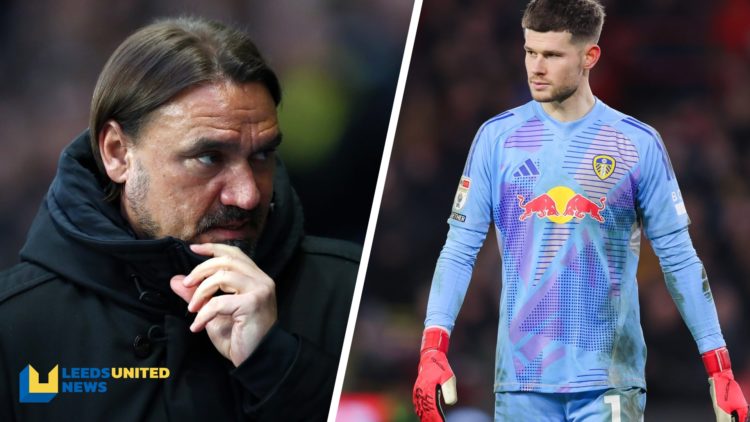 Daniel Farke, manager of Leeds United and Illan Meslier playing for Leeds United in 2025.