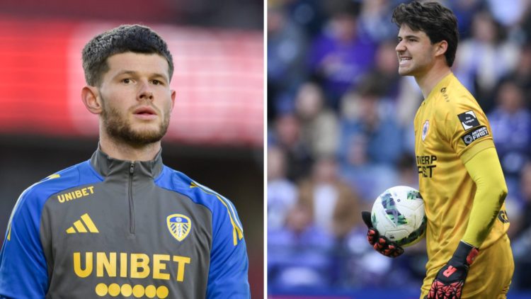Illan Meslier preparing for a Leeds game and Antwerp's Senne Lammens in action.