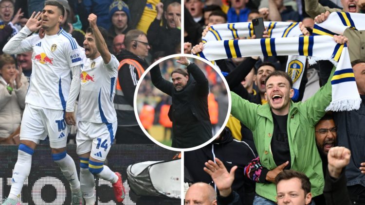 Joel Piroe celebrates in Leeds United's 6-0 win vs Stoke City, inset, Daniel Farke, Leeds manager and Leeds fans after Stoke win.