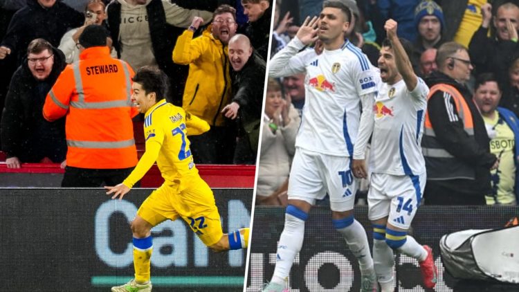 Split image: Joel Piroe celebrates his goal against Stoke City with Manor Solomon (L). Ao Tanaka celebrates at Sheffield United (R)