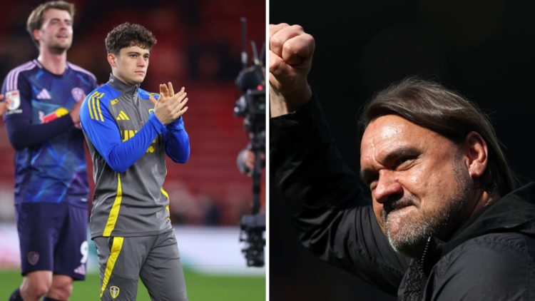 Split image of Daniel Farke celebrating with Leeds United fans and Dan James applauding the support at Middlesbrough.