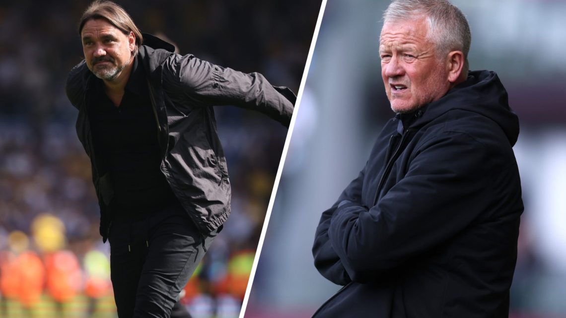 Split image of Daniel Farke, manager of Leeds United celebrating and Chris Wilder, Sheffield United manager.