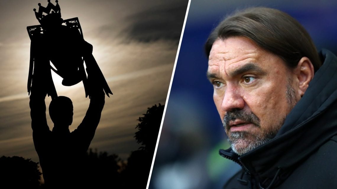 Split image: Daniel Farke looks apprehensive (R) and a silhouette of a man lifting the Premier League trophy (L).