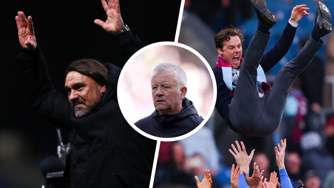 Split image of Daniel Farke manager of Leeds United, inset, Sheffield United boss Chris Wilder. Burnley manager Scott Parker celebrating promotion.
