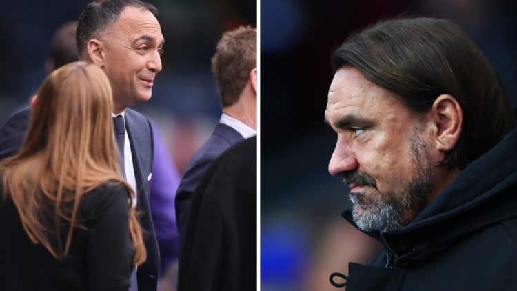 Paraag Marathe talks ahead of a Leeds match as Daniel Farke watches on.