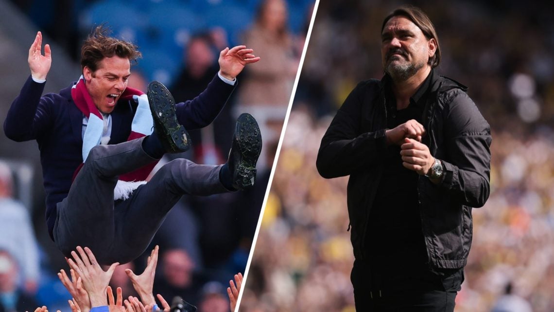 Split image: Scott Parker is thrown in the air in celebration (L). Daniel Farke pumps his chest.