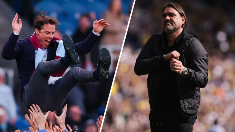 Split image: Scott Parker is thrown in the air in celebration (L). Daniel Farke pumps his chest.