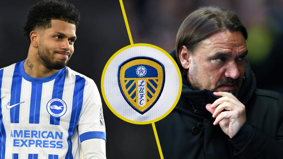 Split image of Brighton player Georginio Rutter in 2025. Inset, Leeds United badge. Daniel Farke, manager of Leeds United.