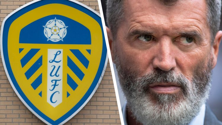 Split image of the Leeds United club badge and pundit Roy Keane.