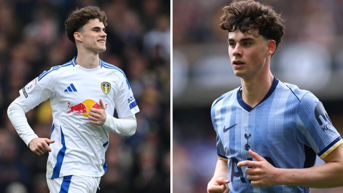 Split image showing Leeds United's Harry Gray and Tottenham's Archie Gray