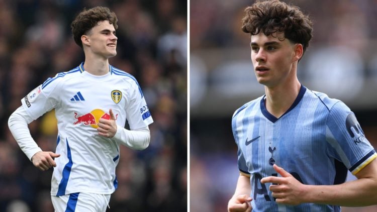 Split image showing Leeds United's Harry Gray and Tottenham's Archie Gray