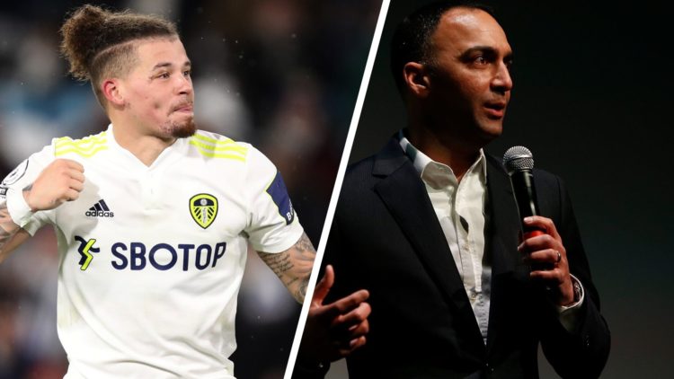 A split image of Kalvin Phillips playing for Leeds United in 2021 and Paraag Marathe making a speech in 2018.