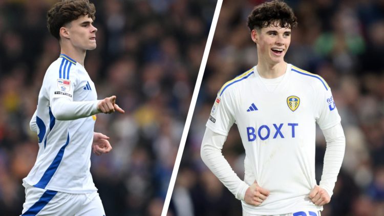 Split image of Harry Gray making his debut for Leeds United and Archie Gray at Leeds in 2024.