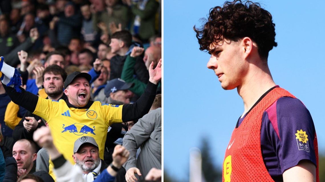 Split image showing Leeds United fans and Tottenham midfielder Archie Gray