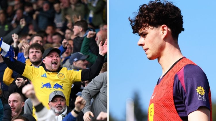 Split image showing Leeds United fans and Tottenham midfielder Archie Gray