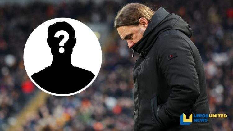 Leeds United manager Daniel Farke looks down. Inset a picture of a mystery player.