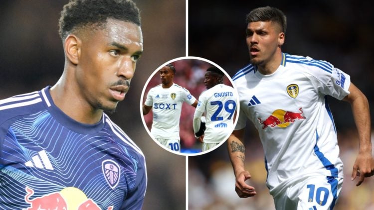 A photo showing Junior Firpo, Joel Piroe and Crysencio Summerville in Leeds United shirts