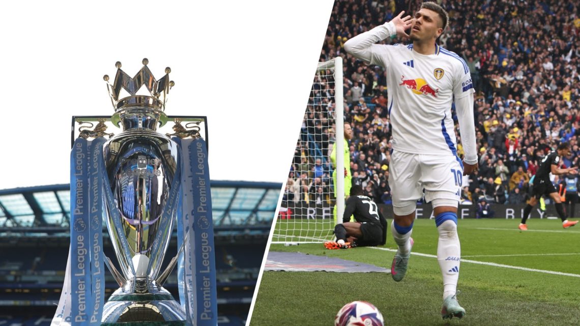 Split image: Premier League trophy (L) and Joel Piroe celebrating a goal against Stoke City by cupping his hand to his ear (R).