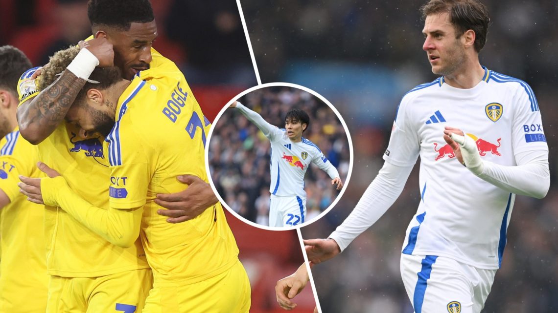 Split image showing Leeds United team-mates Junior Firpo, Jayden Bogle, Ao Tanaka and Joe Rodon