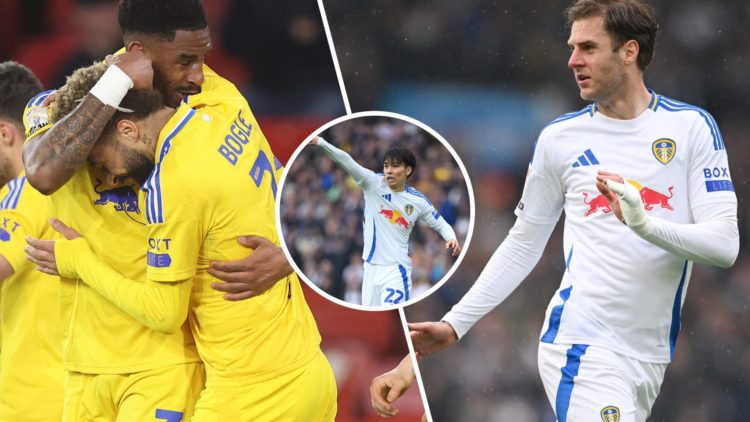 Split image showing Leeds United team-mates Junior Firpo, Jayden Bogle, Ao Tanaka and Joe Rodon