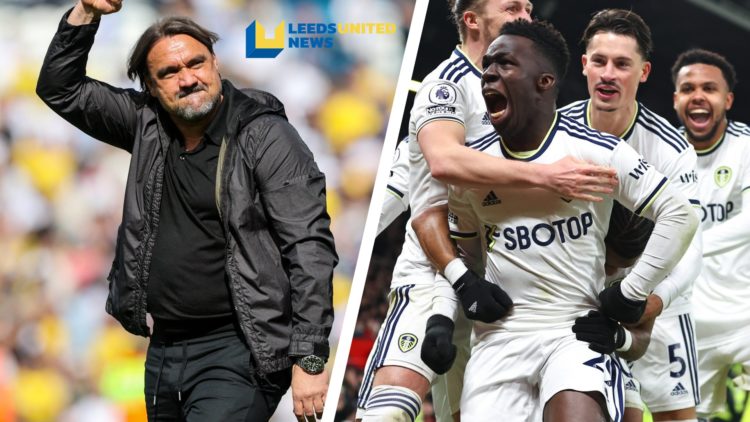 Split image of Leeds United manager Daniel Farke and several Leeds United players celebrating a goal.