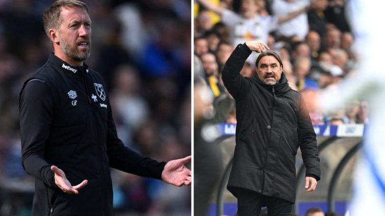 Graham Potter questions a decision as Leeds United boss Daniel Farke shouts out instructions.