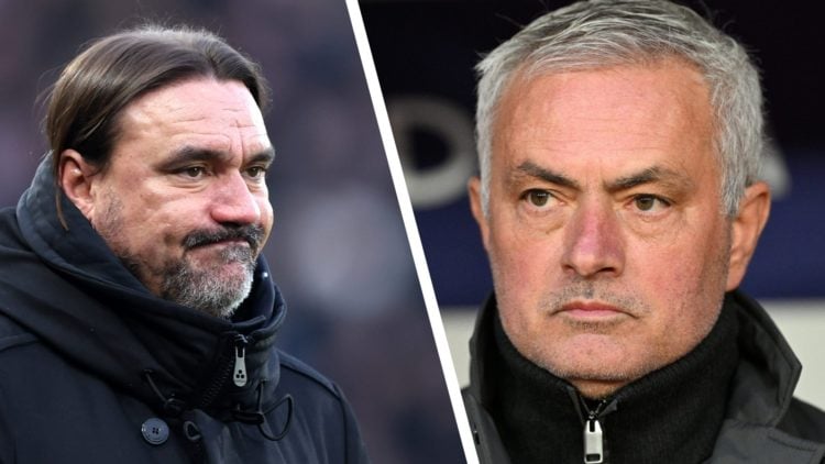 Split image of Leeds United manager Daniel Farke and Fenerbahce manager Jose Mourinho.