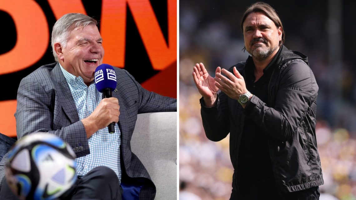Sam Allardyce chats football while Daniel Farke applauds Leeds United fans.