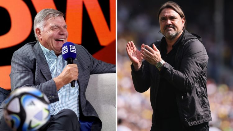 Sam Allardyce chats football while Daniel Farke applauds Leeds United fans.