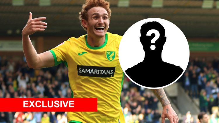 Norwich City striker Josh Sargent celebrates scoring a goal. Inset a picture of a mystery player.