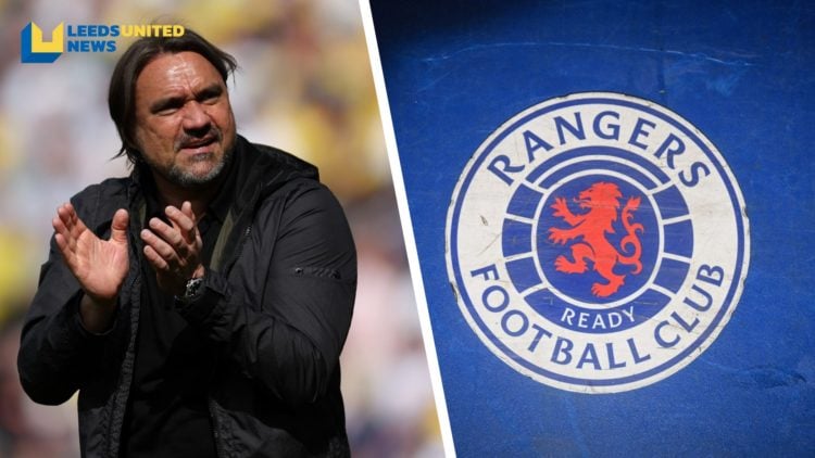 Split image of Leeds United manager Daniel Farke celebrating and the Rangers FC club badge.