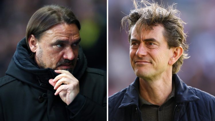 Daniel Farke watches his Leeds side and Thomas Frank ahead of a Brentford game.