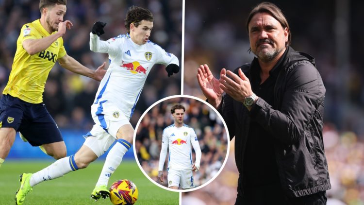 Photo showing Will Vaulks of Oxford, Leeds United manager Daniel Farke and defender Joe Rodon