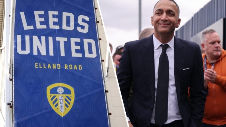 Split image: The sign of Elland Road (L) and Leeds United chairman Paraag Marathe smiling (R).