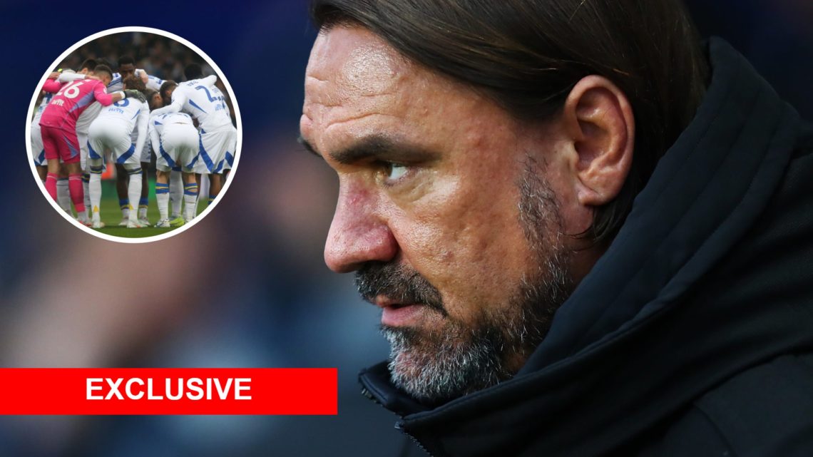 Inset, Leeds United players huddle before Leeds vs Stoke City and Daniel Farke, Leeds United manager.