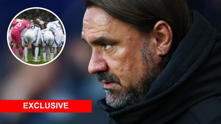 Inset, Leeds United players huddle before Leeds vs Stoke City and Daniel Farke, Leeds United manager.